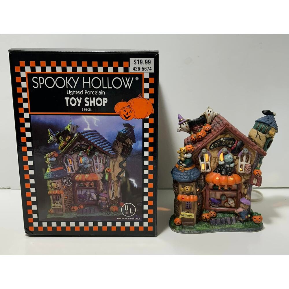 SPOOKY HOLLOW Toy Shop Lighted Porcelain Halloween Village Vintage Cord Box - Picture 5 of 6